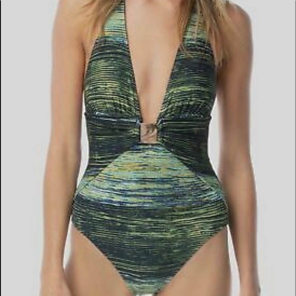 New Vince Camuto V-neck halter one piece swimsuit size 12 color green/Blue/gold